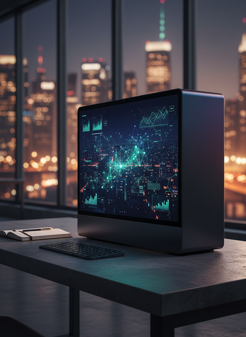 A sleek, matte-black monolith of a desktop computer tower with subtle iridescent accents, its screen displaying an abstract, data-driven visualization of city lights morphing into social media graphs. It rests on a charcoal concrete desk beside a single brass-edged notebook and a minimalist wireless keyboard. Behind it, a panoramic window reveals a softly blurred night skyline. Cinematic, cool-toned key lighting from the left carves out crisp highlights on the metal and glass, while warm rim light from the city glows at the edges. Shot at eye level with a shallow depth of field, the composition feels precise and intentional, evoking a sophisticated, cutting-edge marketing studio aesthetic in photographic realism.