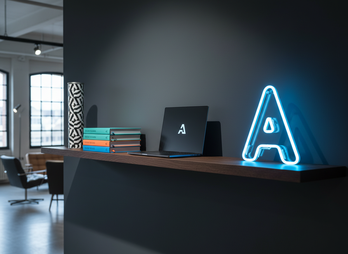 A long, floating shelf of dark-stained oak stretches across a deep charcoal wall, displaying a curated sequence of marketing artifacts: a bold, geometric poster tube, a stack of thick, color-edged brand guideline books, an ultra-slim laptop closed with a single glowing logo, and a sculptural neon sign forming an abstract “A” shape. Soft, cool-toned wall washers cast cinematic light from above, creating a gentle gradient on the wall and crisp, downward shadows under each object. The camera frames the shelf in a wide, slightly off-center composition, with shallow depth of field blurring the far edges. The atmosphere is composed, confident, and quietly theatrical, suggesting a studio that merges cultural edge with meticulous craft in a clean, modern style.