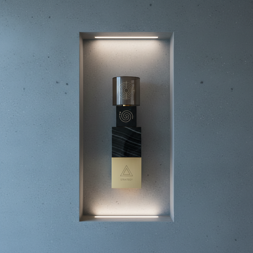 A heavy, slate-gray wall features a large, recessed niche holding a single, sculptural “brand totem”: a stacked composition of geometric shapes in brushed brass, matte onyx, and translucent smoked glass, each etched with faint, minimal icons for strategy, design, and culture. A hidden LED strip within the niche casts a soft, halo-like cinematic glow upwards, causing the metals to gleam and the glass to catch subtle reflections. The surrounding wall is intentionally bare, its micro-textured surface lit by a faint, cool ambient wash. Shot straight-on with symmetric, centered composition and moderate depth of field, the image feels like a museum installation, expressing the studio’s philosophy of elevating brands into cultural artifacts with a refined, gallery-like mood.