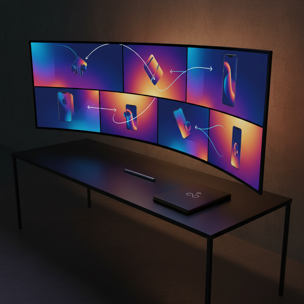A large, curved ultrawide screen floats above a slender black desk, displaying a richly colored, cinematic storyboard for a campaign: sequential abstract frames in bold gradients, stylized product silhouettes, and overlayed motion arrows. On the desk, a single pen-shaped stylus rests beside a slim, leather-bound sketchbook embossed with a minimalist logo. The environment is a darkened studio with subtle reflections on the polished concrete floor. A cool, focused key light illuminates the screen’s surface, while a soft amber backlight creates a halo on the wall behind. Captured from a three-quarter perspective with the screen dominating the frame, the mood is immersive and forward-thinking, emphasizing the creative process of crafting impactful narratives in a modern marketing studio.