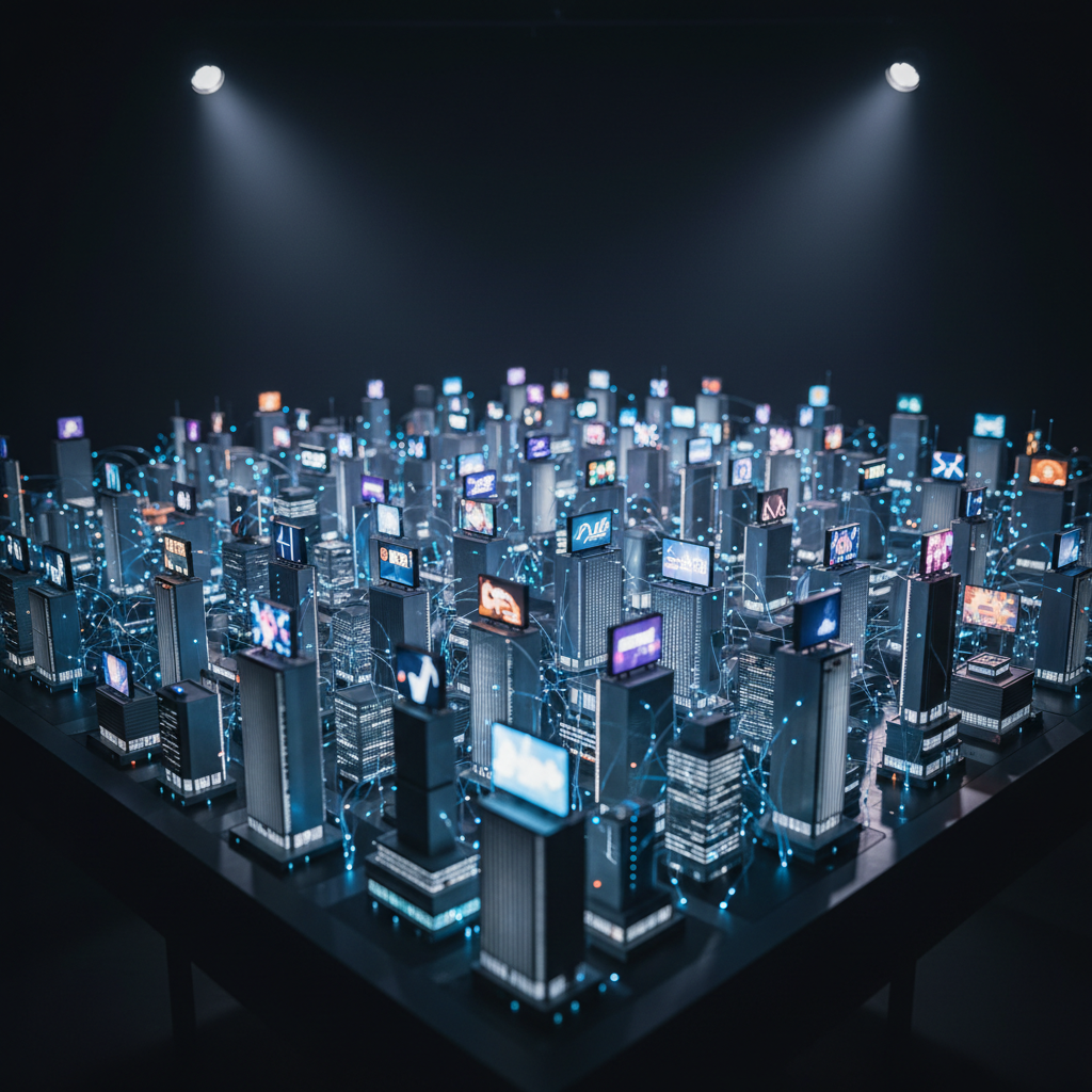 An intricate, city-sized miniature model sprawls across a dark studio table, each building crafted from frosted acrylic and brushed aluminum, their roofs topped with tiny glowing billboards displaying abstract patterns and color blocks. Fiber-optic threads weave between structures, pulsing subtly like dynamic data flows. The room around the model is mostly in shadow, with targeted cinematic spotlights illuminating clusters of buildings, creating pools of brightness and deep contrast. Captured from a low, sweeping cinematic angle as if flying through the model, the foreground is sharply focused while the background dissolves into bokeh lights. The mood is ambitious and imaginative, visualizing a marketing studio’s influence on urban culture in a highly stylized, futuristic, yet sophisticated aesthetic.