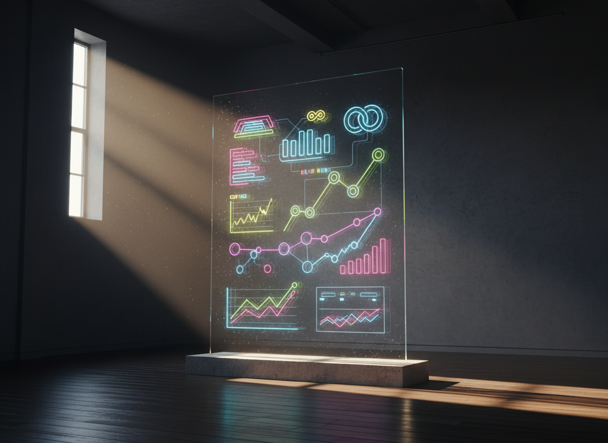 An oversized, ultra-thin transparent glass panel stands upright on a low concrete plinth, its surface glowing with layered neon outlines of brand logos, charts, and campaign timelines, all semi-abstract and futuristic. The panel dominates a dim, high-ceilinged studio with dark wood floors and graphite walls. A single narrow beam of golden hour light from a high window slices across the room, illuminating dust particles and glinting off the etched graphics. Cinematic side lighting creates dramatic contrast, with the background fading into soft shadow. Captured from a slightly low angle with strong leading lines, the mood is bold, visionary, and concept-driven, expressing modern marketing strategy as illuminated art in a refined, cinematic style.