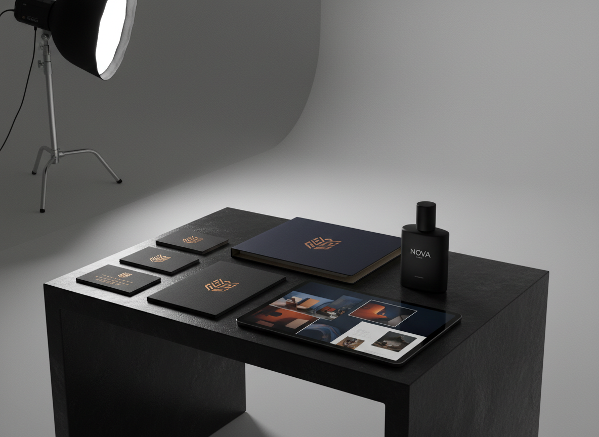 A low, obsidian-colored table holds a carefully arranged spread of branded mockups: textured business cards with embossed copper logos, a deep indigo presentation folder, a tablet showing a vibrant campaign moodboard, and a small, matte perfume-style bottle labeled with a minimalist wordmark. They sit atop a smooth, stone-gray backdrop that curves gently upward like a studio cyclorama. Overhead, soft diffused studio lighting creates even, cinematic illumination, with delicate reflections on metallic foils and subtle shadows defining each object. Shot from a slightly elevated angle with rule-of-thirds composition and razor-sharp focus, the scene feels luxurious and editorial, embodying a sophisticated creative studio preparing a high-end launch.